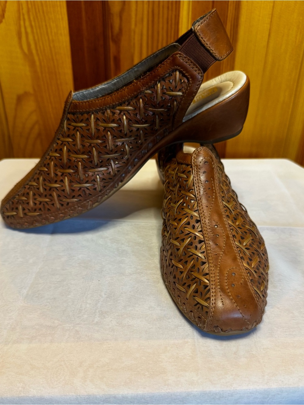 PIKOLINOS Tan Brown Woven Leather Slingback Wedges